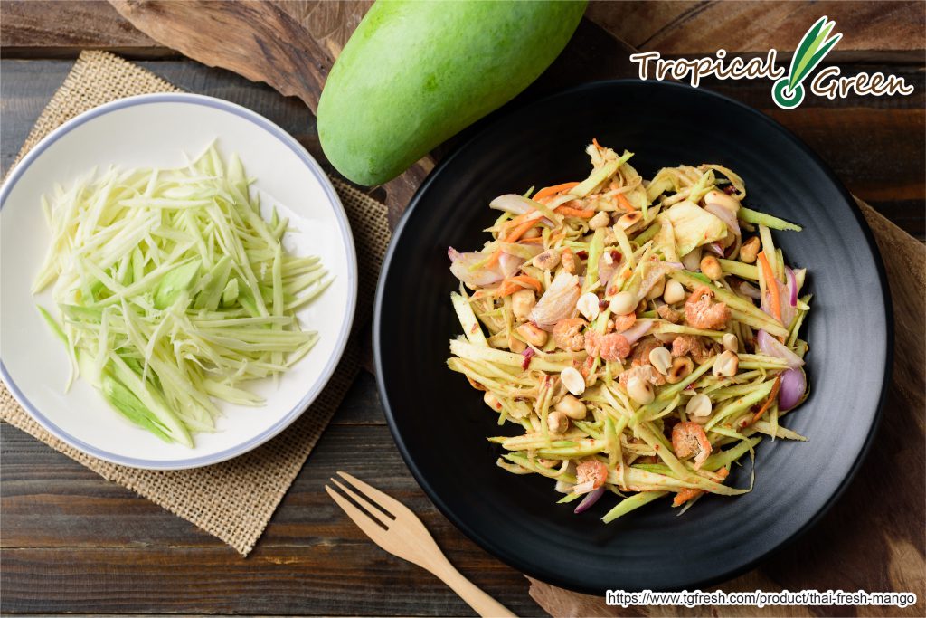 The Yum Ma Muang or the mango salad is a traditional dish made with sour mangoes, peanuts, shallot, and fish sauce. It is usually eaten with deep fried fish.